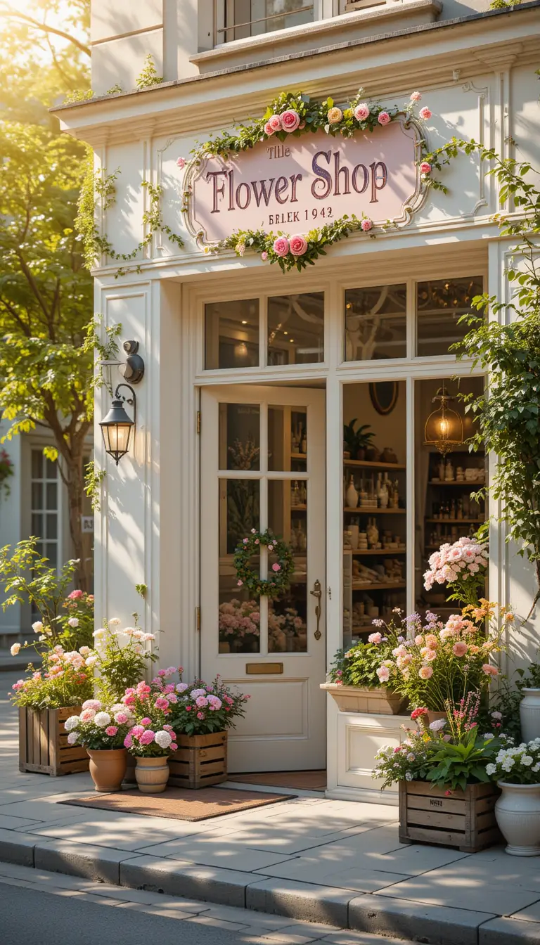 Elegantes Blumengeschäft in einer sonnendurchfluteten Pastell-Stadtstraße