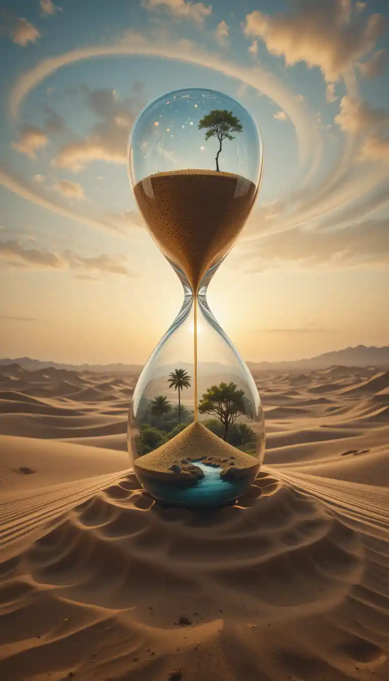 Clessidra di cristallo surreale che fluttua sopra un’oasi nel deserto