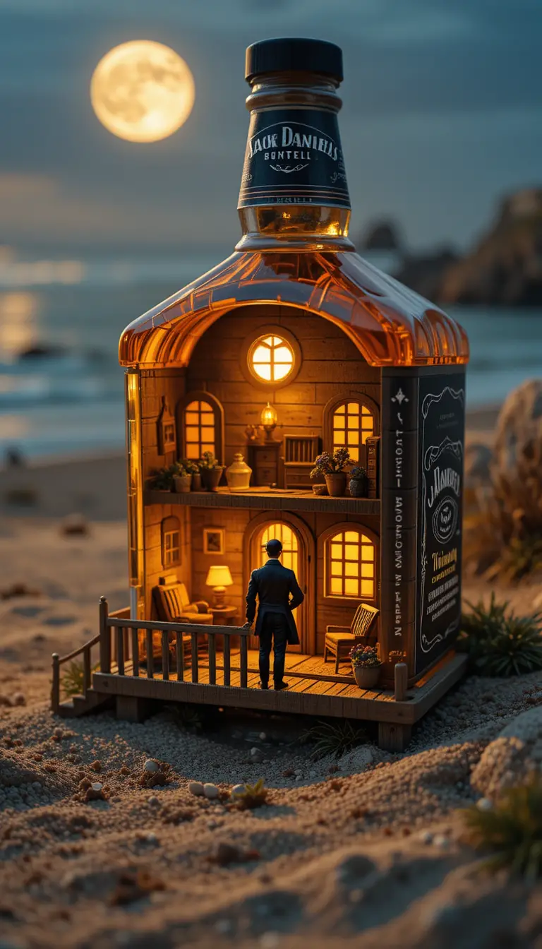 Maison-bouteille chaleureuse illuminée au bord de la mer au clair de lune