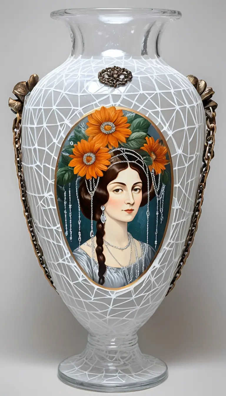 Illustration plate sur vase en émail avec femmes enchaînées