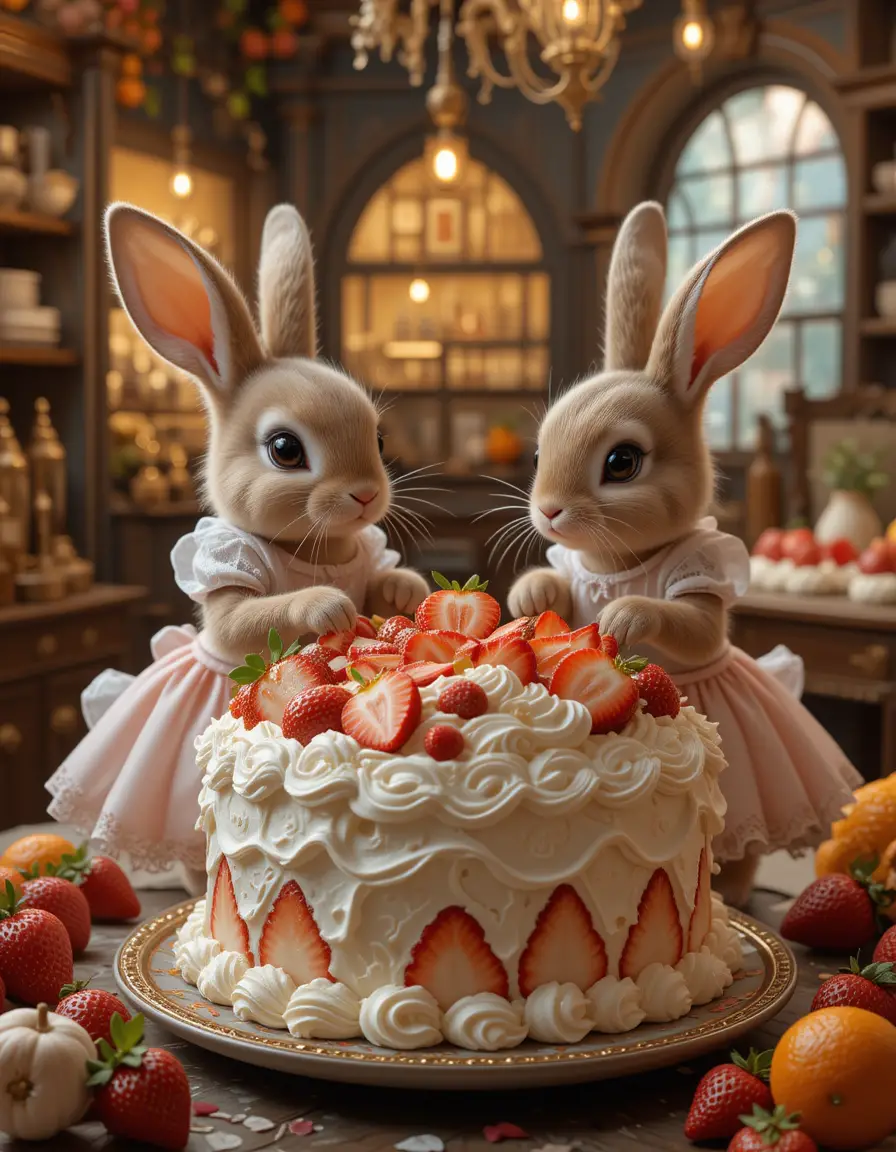 かわいい子うさぎたちがいちごケーキを飾りつけ