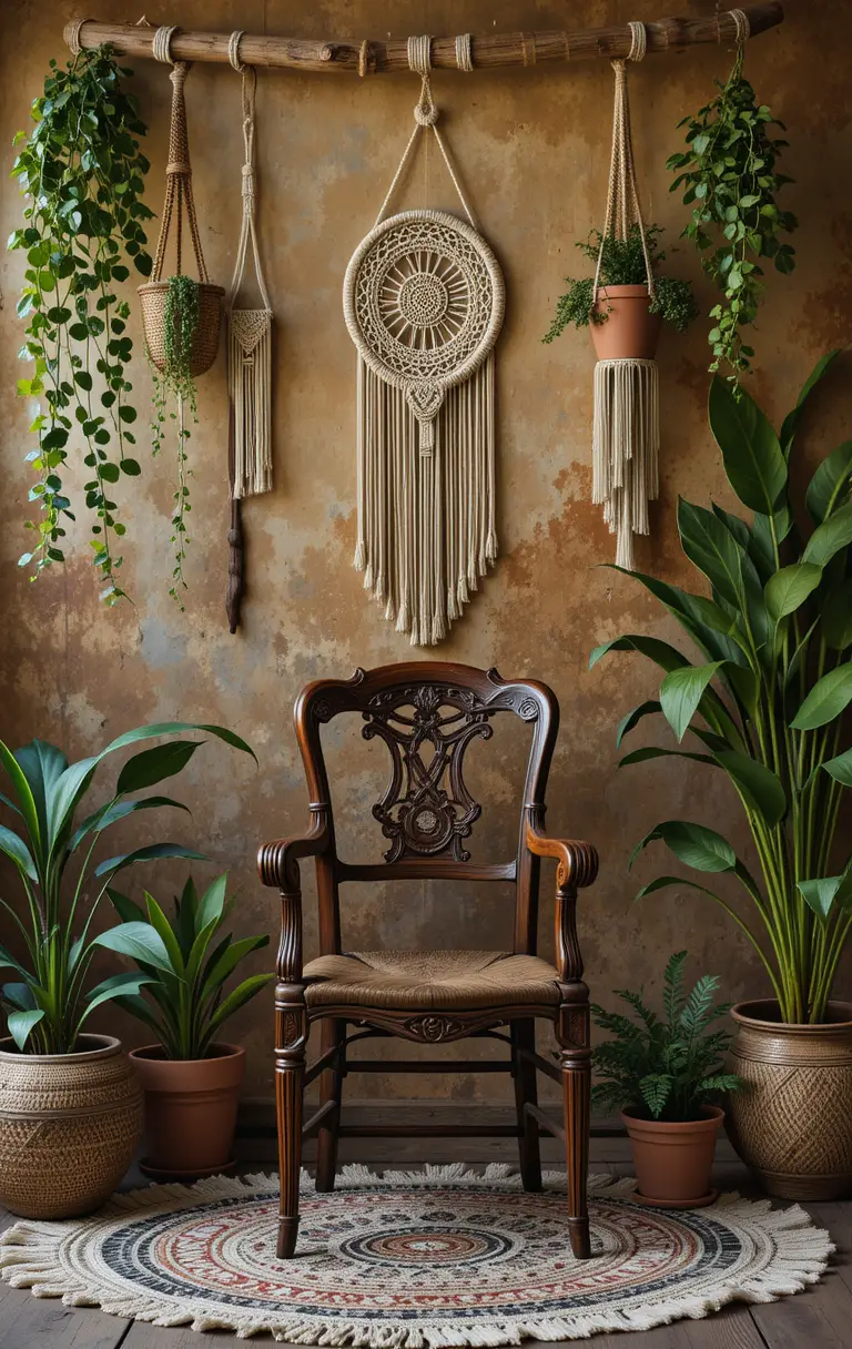 Rustikales Boho-Fotostudio mit Holzstuhl und Pflanzen