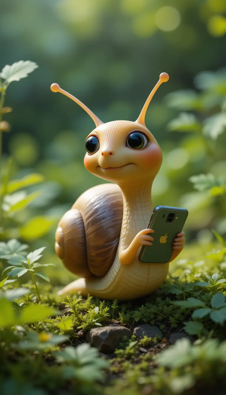 Dolce lumaca CGI che usa uno smartphone nel verde rigoglioso