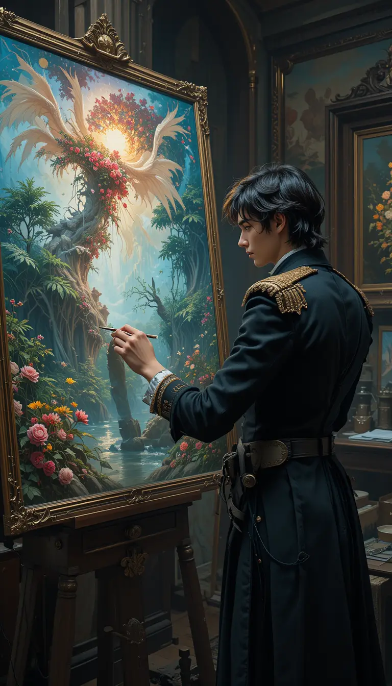 Artiste byronien peignant dans un studio victorien fantastique