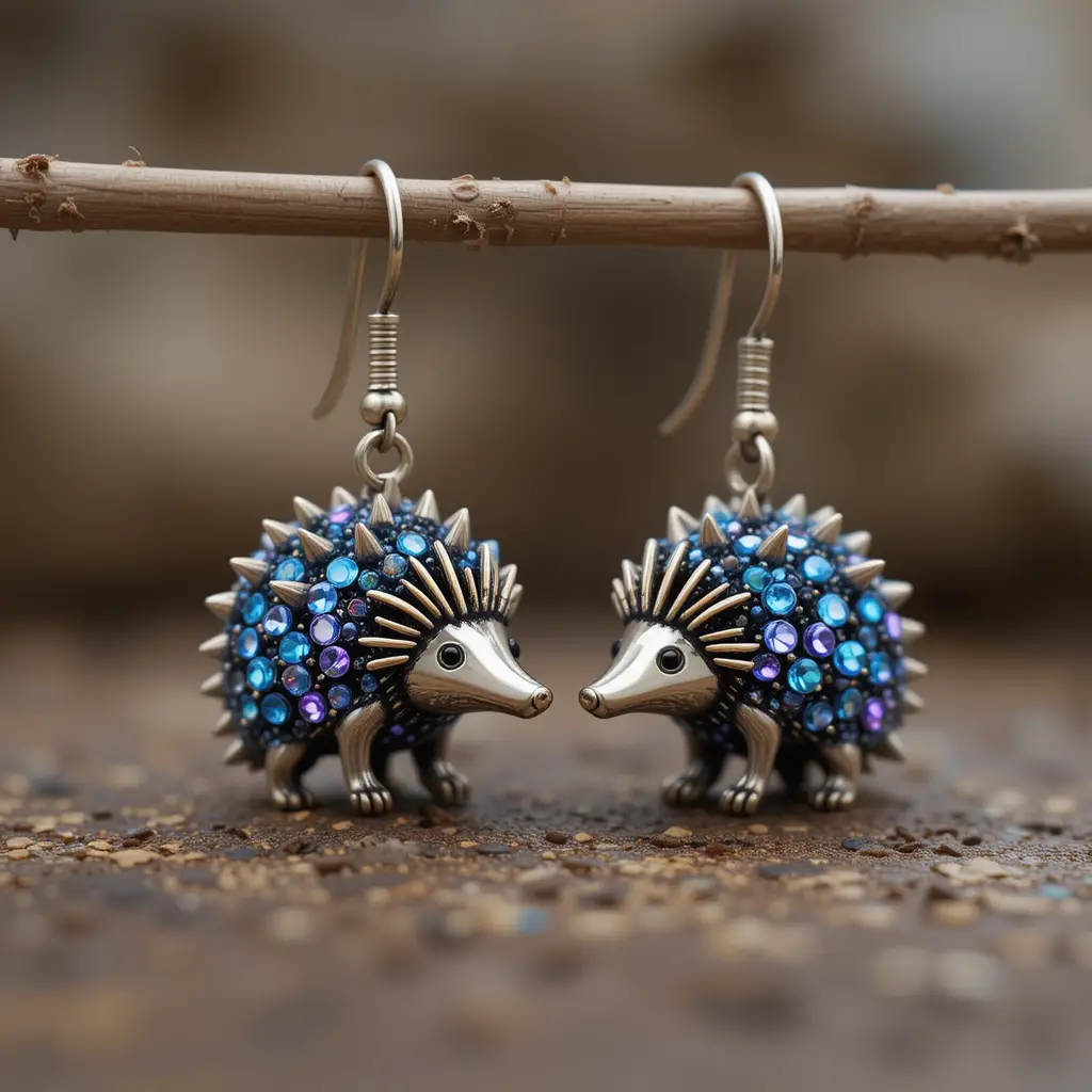 Metal hedgehog earrings with blue and purple crystals