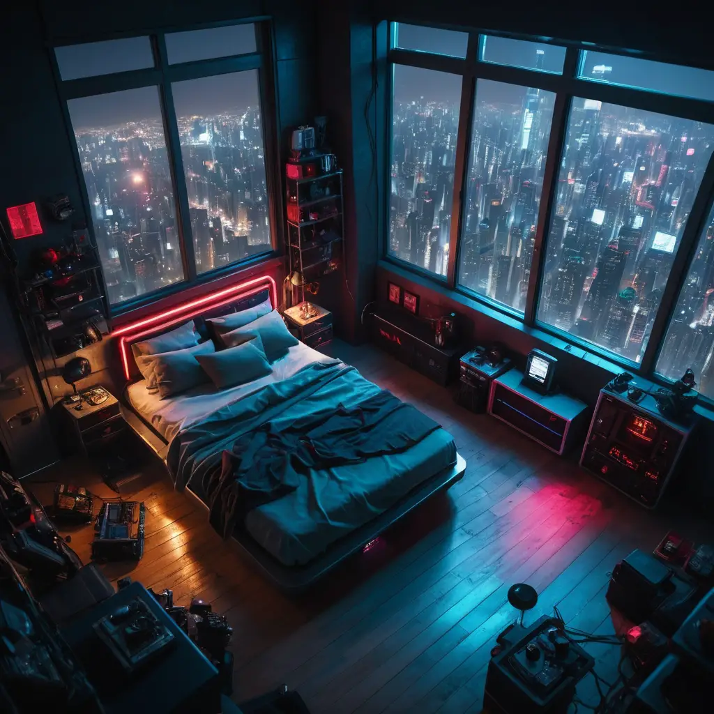 Camera da letto attico cyberpunk con mobili futuristici fluttuanti