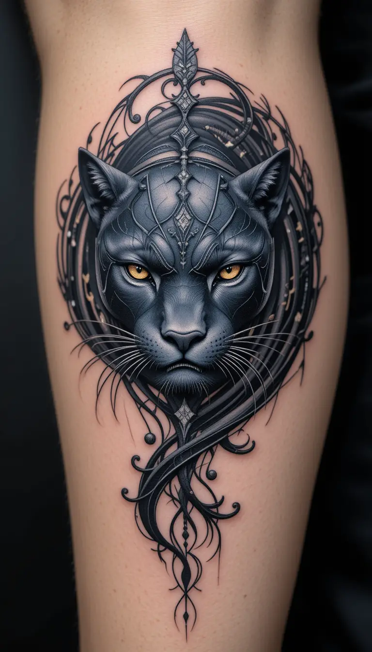 Majestätisches schwarzes Panther-Tattoo mit tribal-inspirierten Mustern