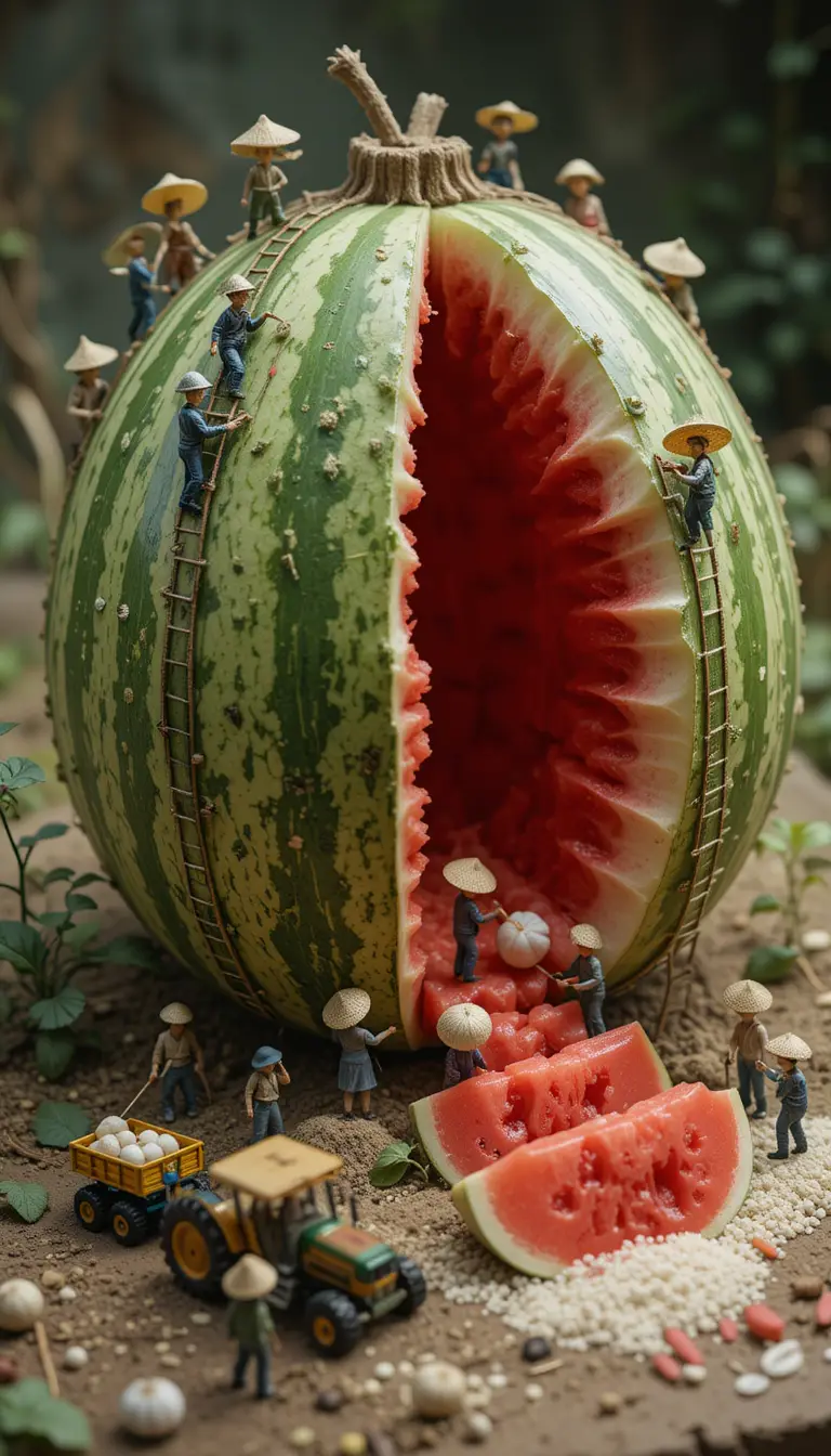 Agricultores em miniatura esculpindo uma cena de construção em uma melancia gigante