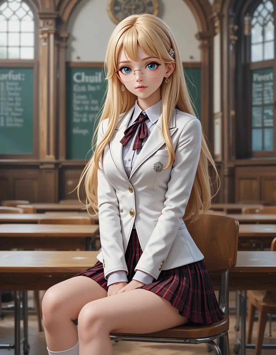 教室で座っているブロンドの制服アニメ女子高生