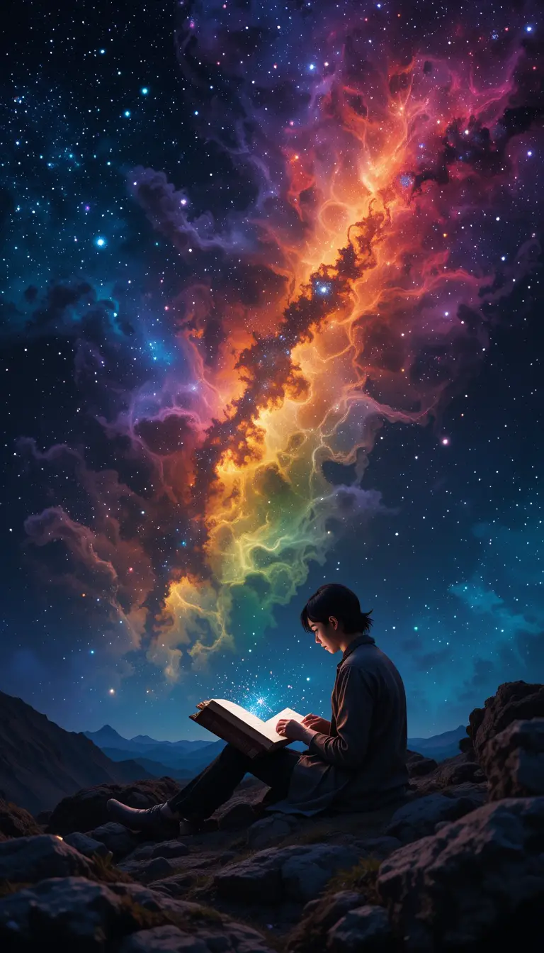 Person, die ein leuchtendes Buch zwischen kosmischen Regenbogensternen liest