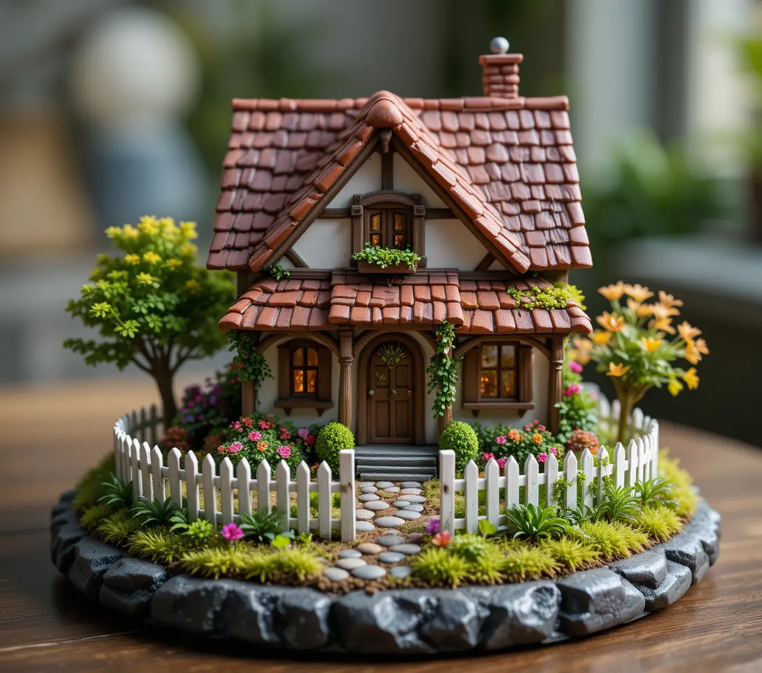 Charmantes Miniaturhaus mit Garten auf dunklem Stein-Sockel