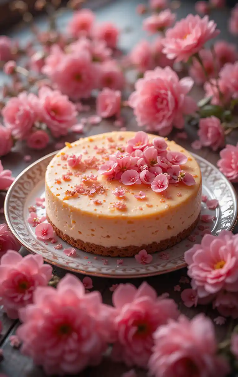 Cheesecake no prato com flores cor-de-rosa em estilo vintage