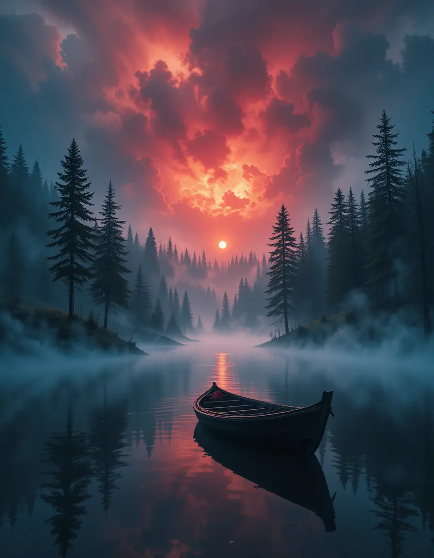 日出時樹林間有船的繽紛湖泊