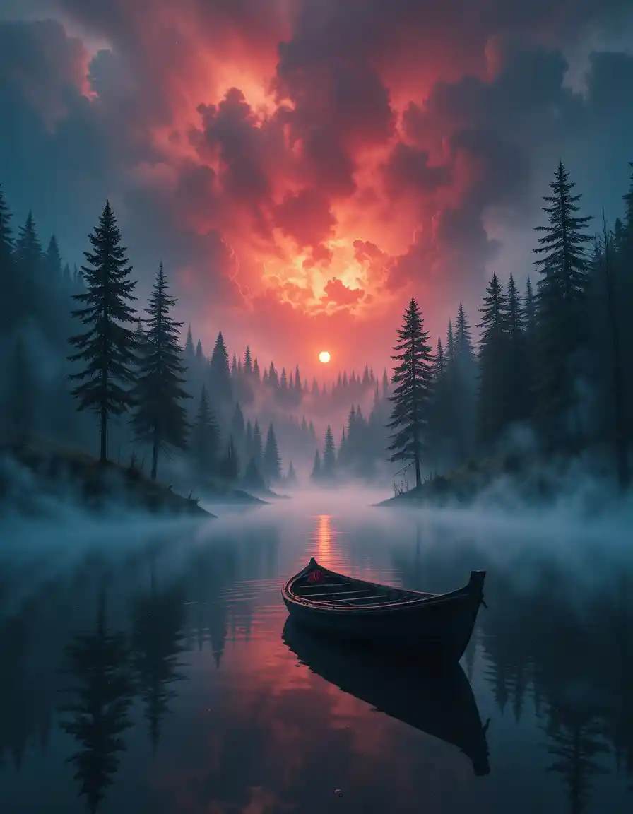 Lago colorido con barco al amanecer entre árboles