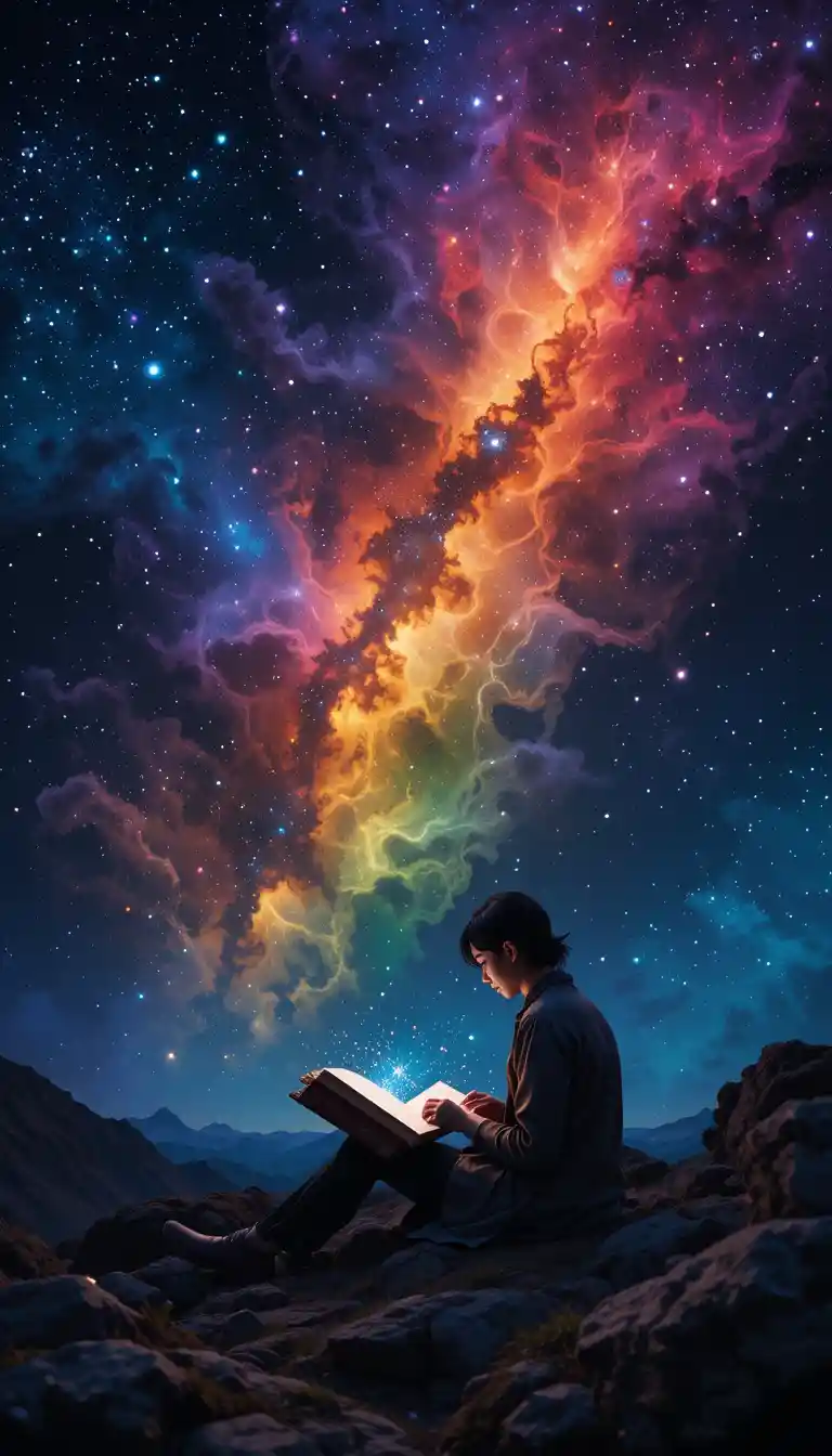 Persona che legge un libro luminoso tra stelle cosmiche arcobaleno