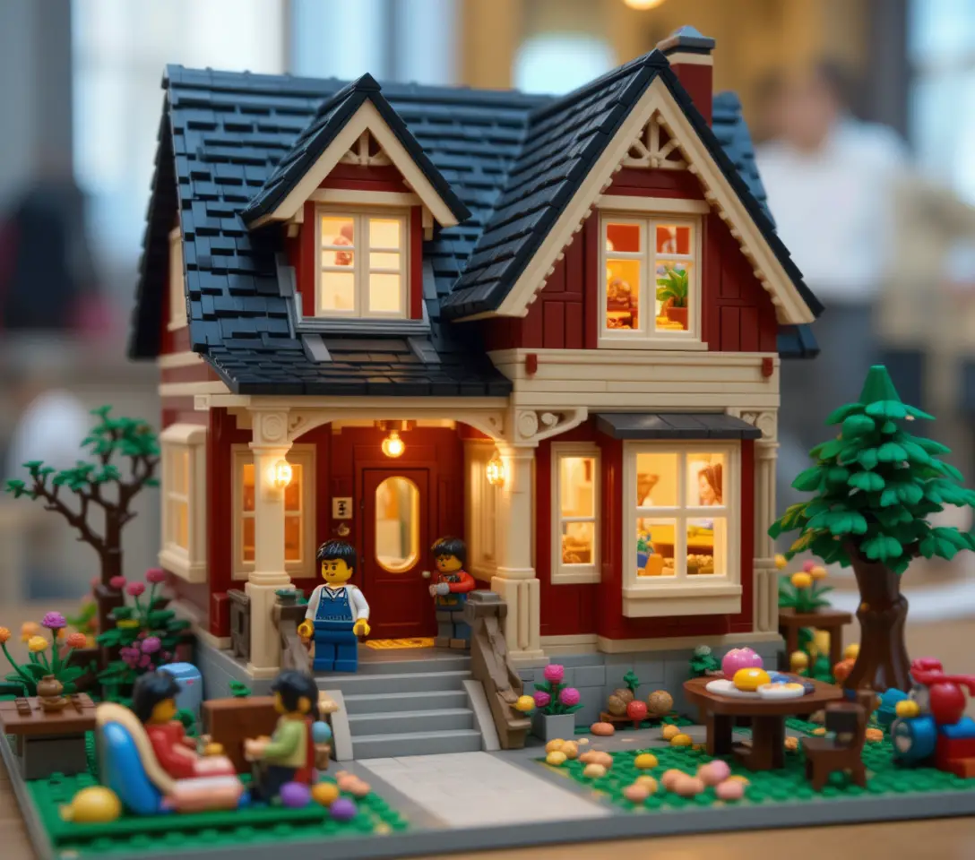 Maison Lego confortable avec jardin et scène de minifigurines