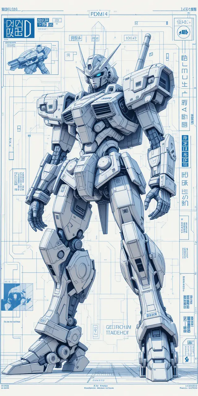 Plan détaillé d’un mecha de combat bipède de style anime