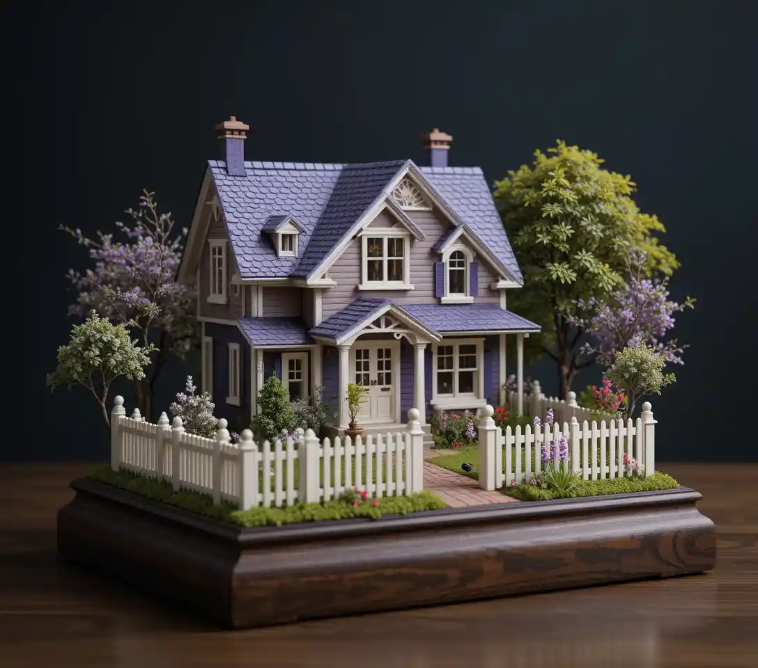 Casetta viola in miniatura con giardino su base di legno