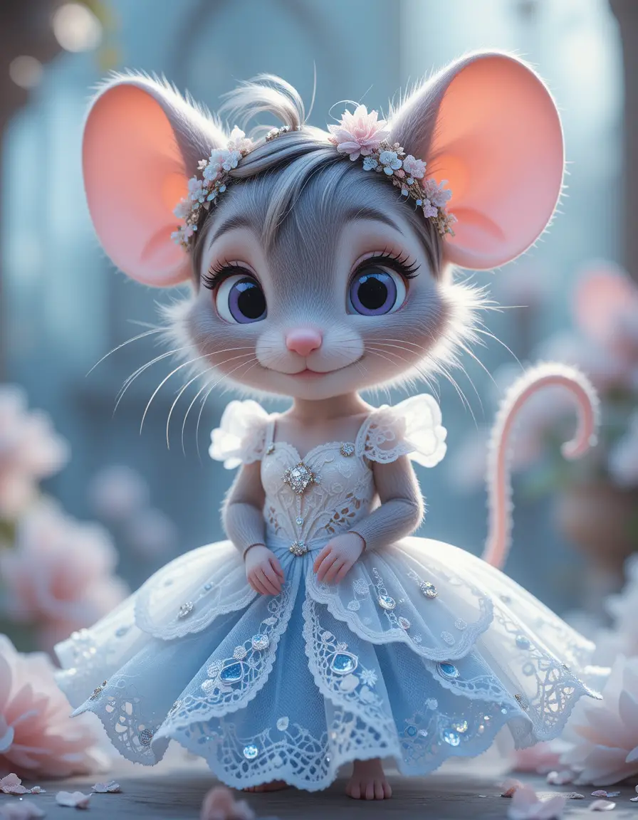Süße Cartoon-Maus im blauen Spitzenkleid mit Diamanten
