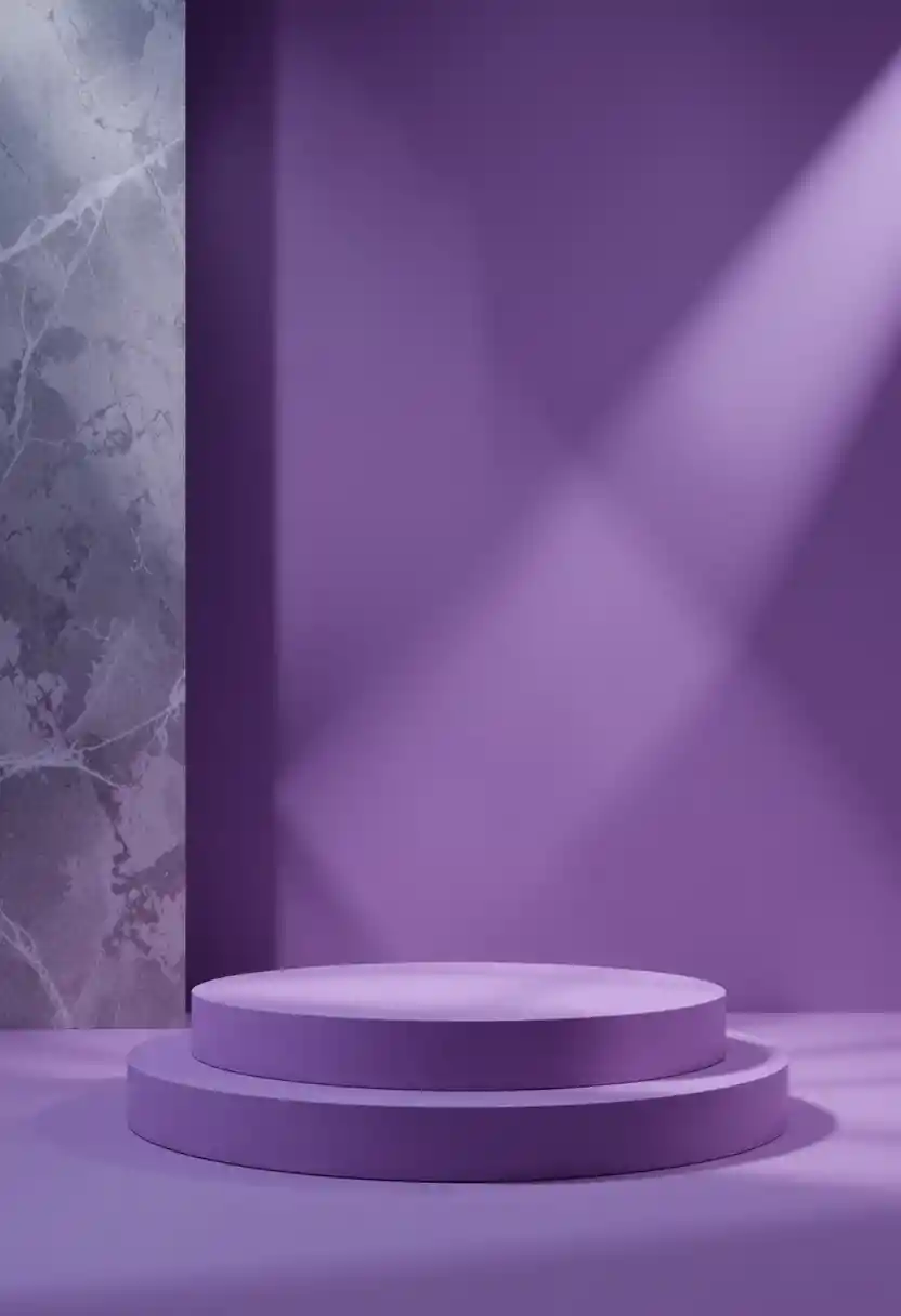 Podium produit violet avec projecteur dans un décor abstrait