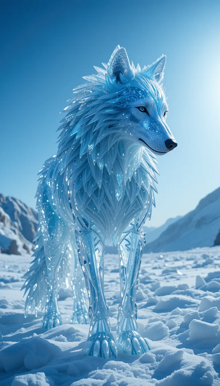 Kristallwolf, der in einer hellen eisblauen Landschaft schimmert