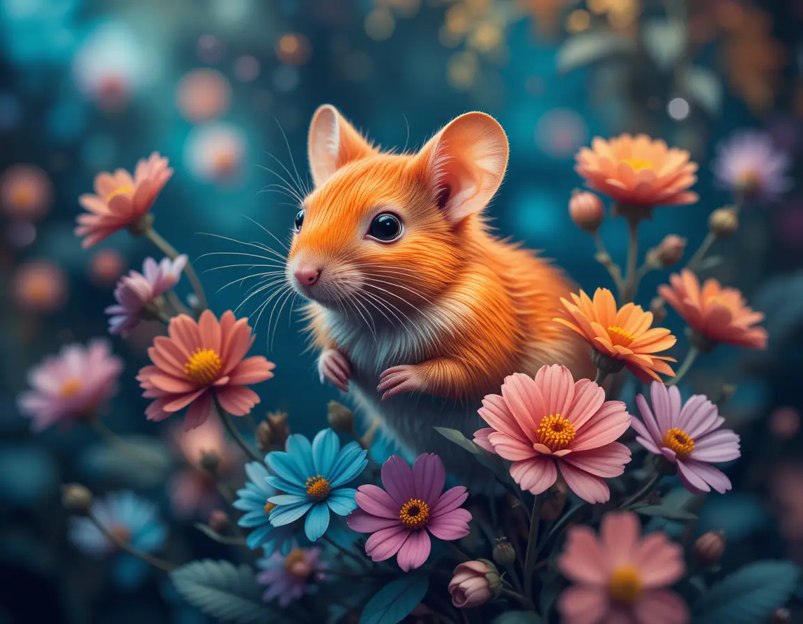 Souris colorée avec fleurs fantastiques sur fond bokeh de rêve