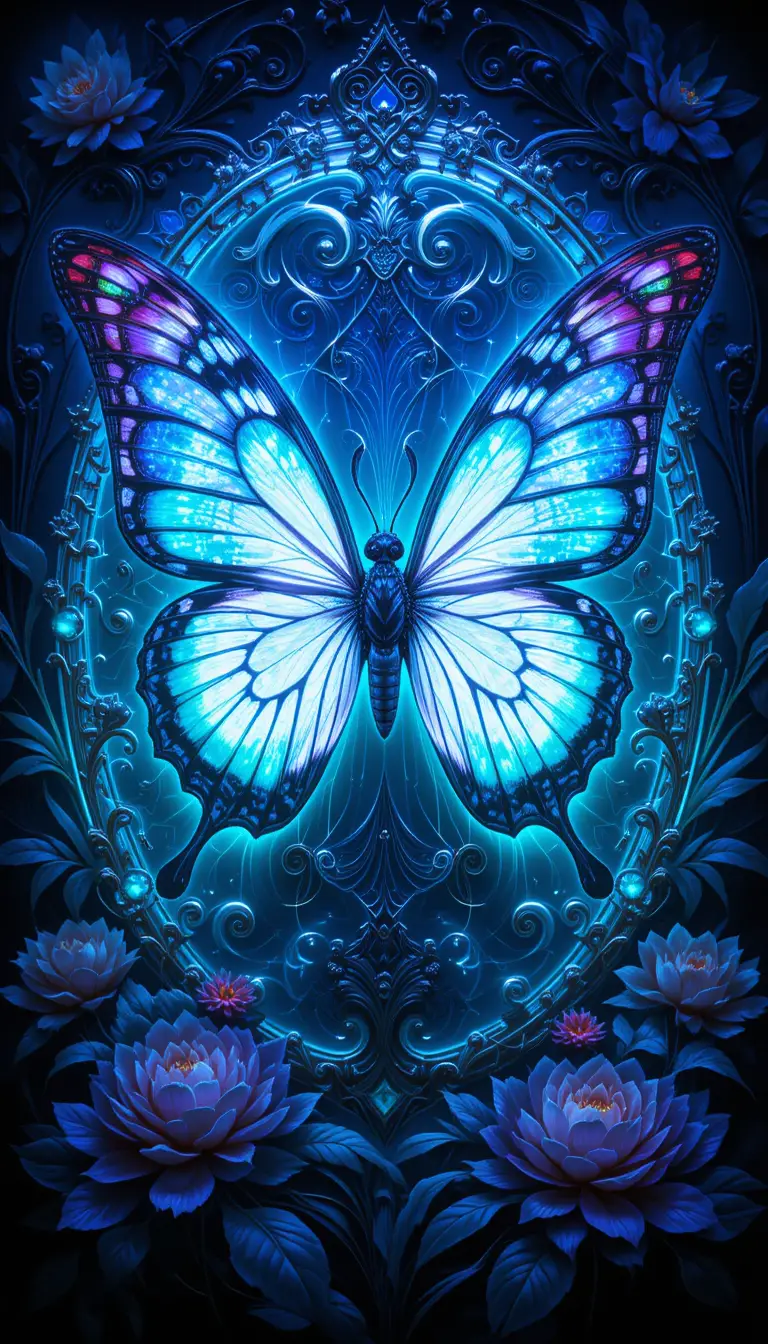 Leuchtender Anime-Schmetterling mit Kristallflügeln aus Buntglas