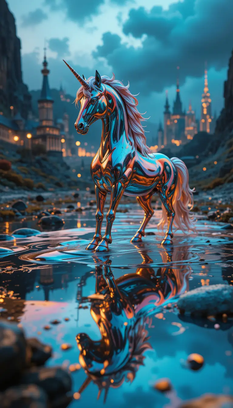 Licorne surréaliste en macro fondant dans un métal liquide scintillant