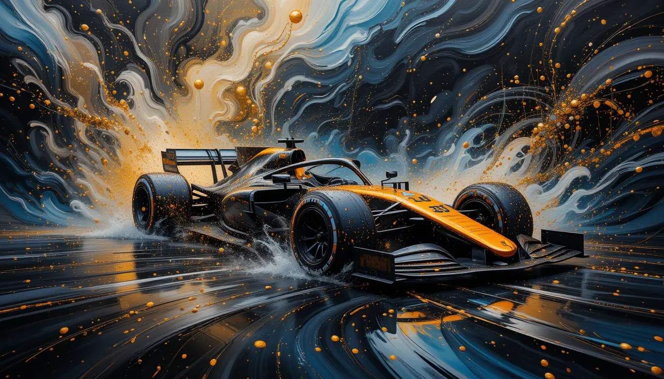 Auto da corsa di F1 in una scena vorticosa di pittura a olio astratta