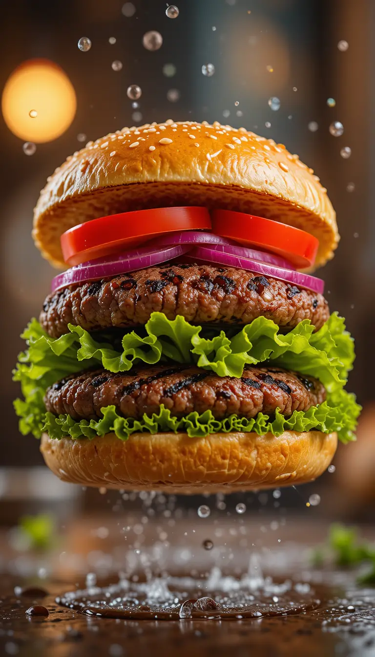 Gourmet-Burger mit schwebenden frischen Zutaten in der Luft