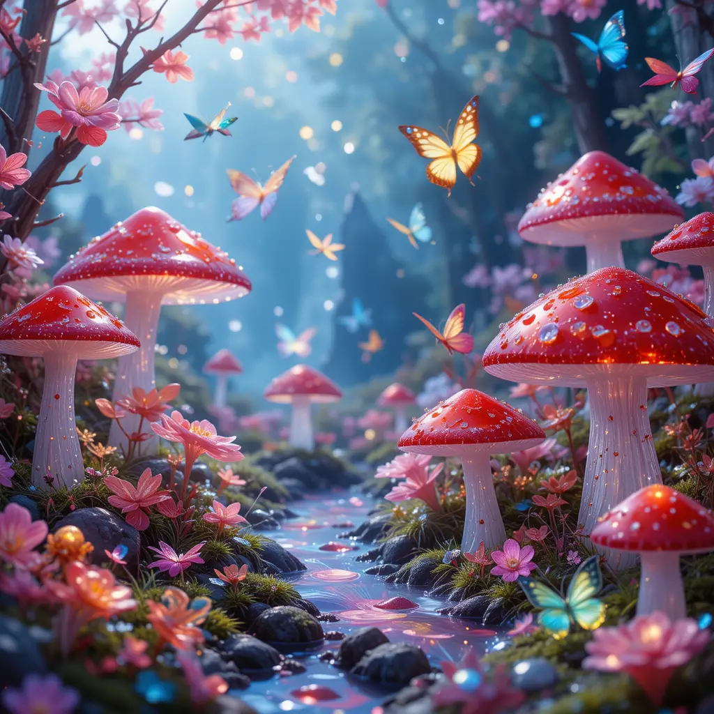 カラフルな蝶が舞う魔法のガラスきのこ風景