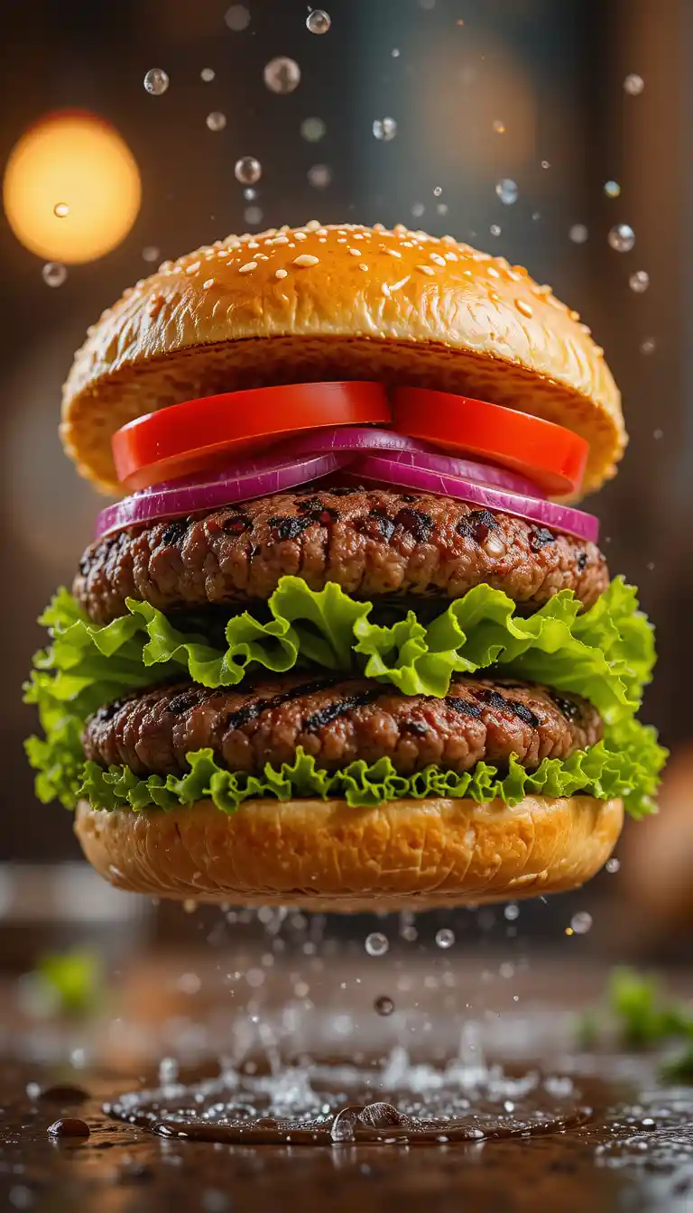 Hamburger gourmet con ingredienti freschi fluttuanti nell’aria