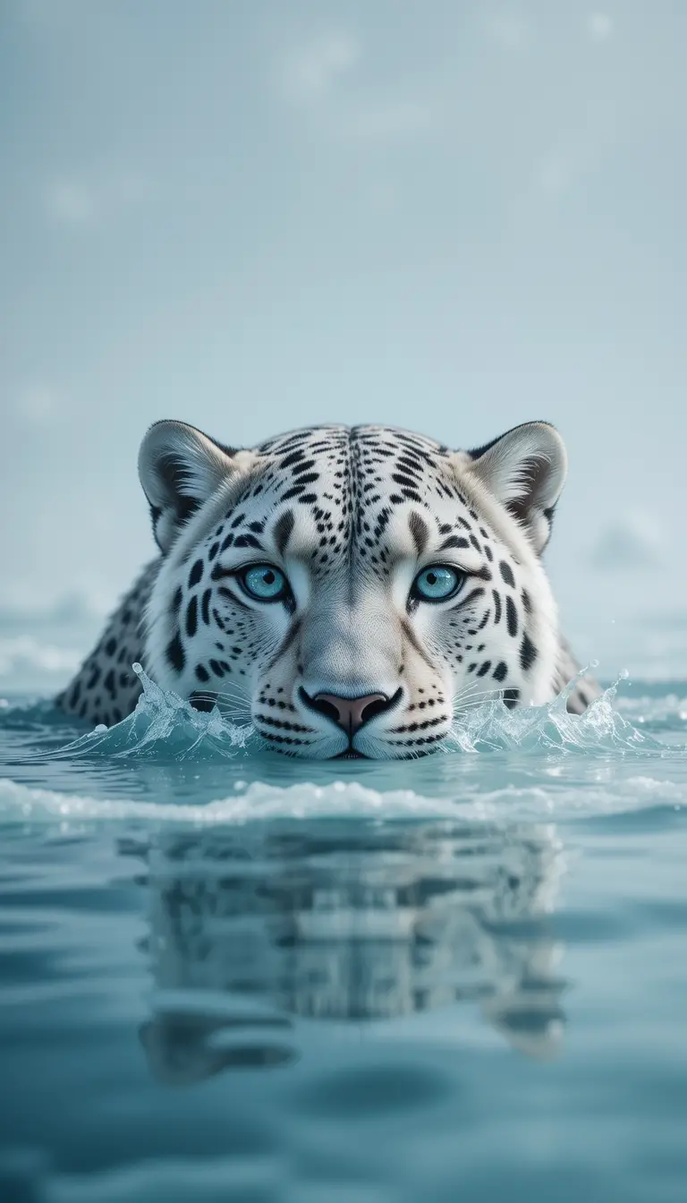 Snow leopard portrait emerging from crystal clear water