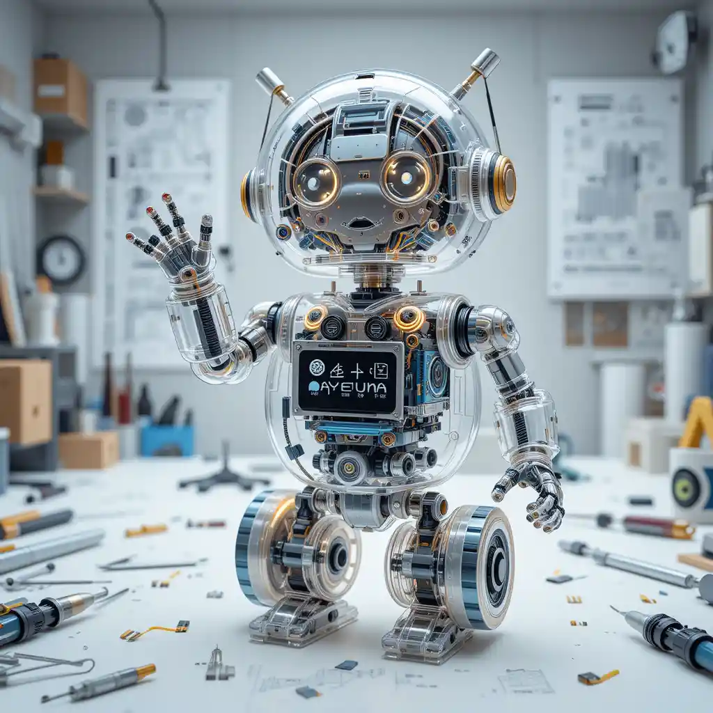 Verspieltes transparentes Robotermodell in futuristischem Arbeitsbereich