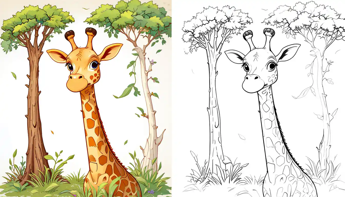 Giraffa gentile che mangia foglie sotto un cielo soleggiato