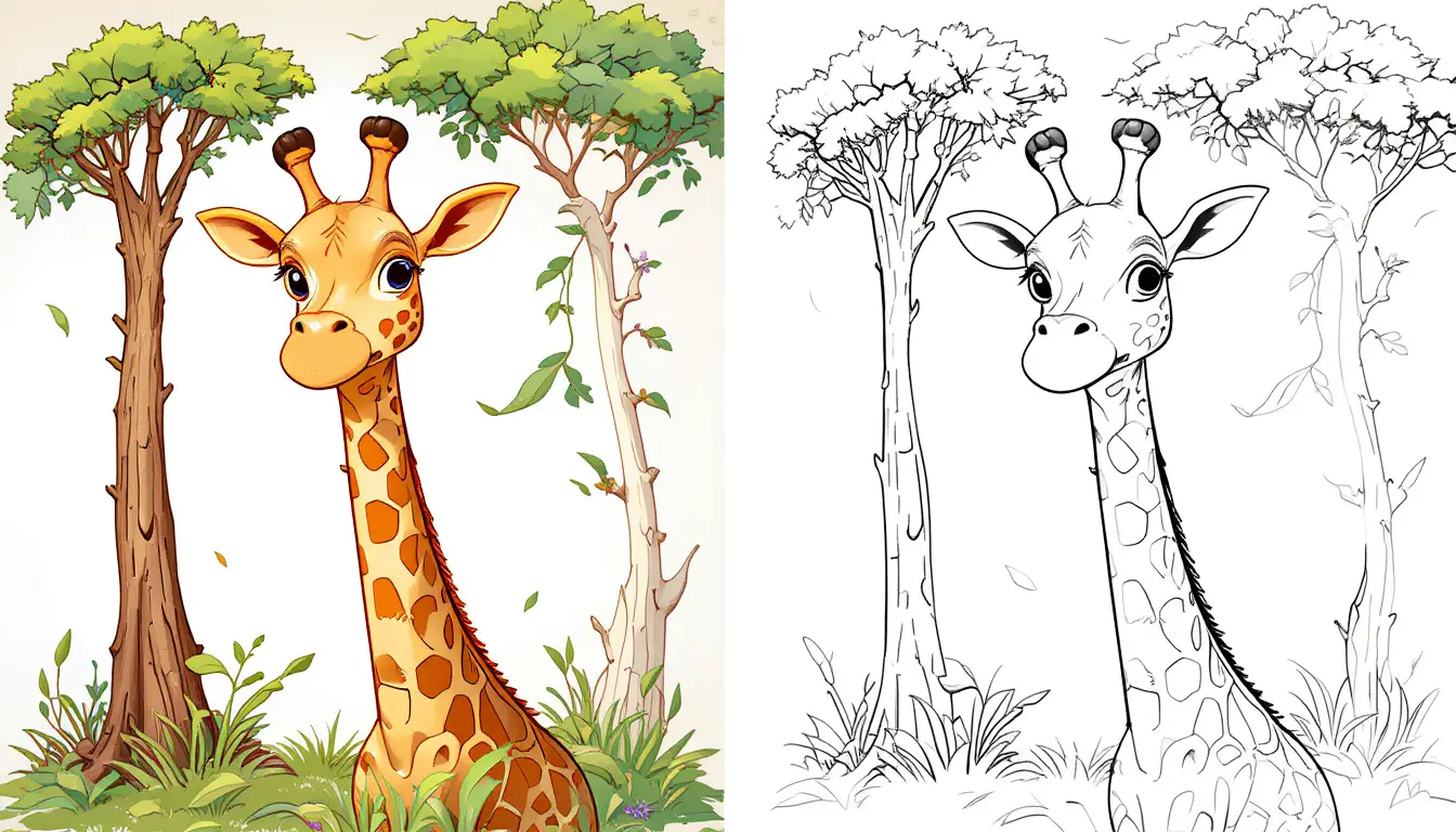 Sanfte Giraffe frisst Blätter unter strahlend blauem Himmel