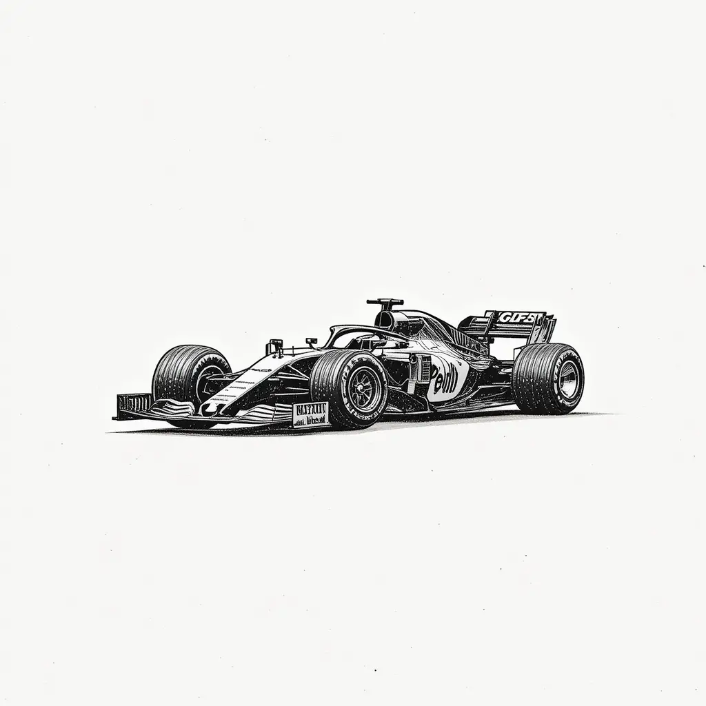 Illustrazione minimalista in linoleografia di un'auto da corsa di formula