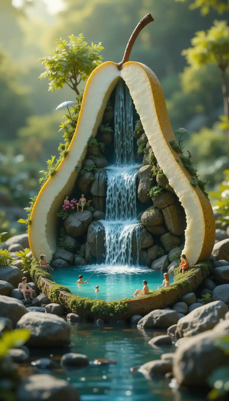Santuario con Cascata in Miniatura Dentro di una Pera Tagliata