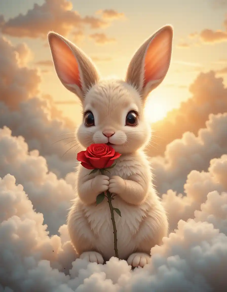 Cute baby rabbit gazing at a single red rose