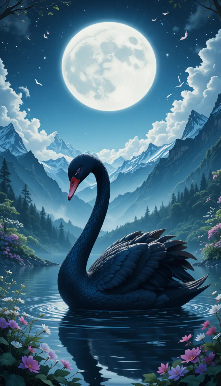 Elegant black swan portrait on a moonlit mountain lake