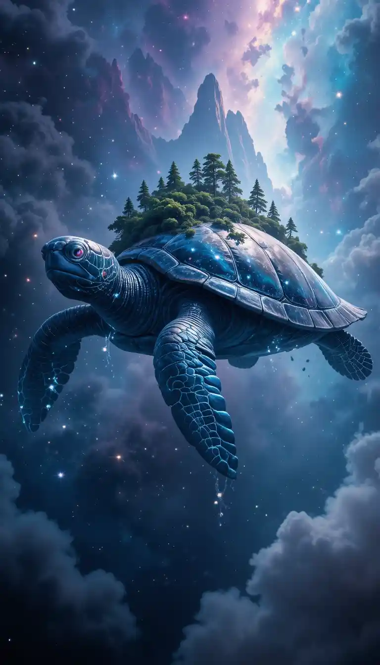 Tortue de mer cosmique glissant à travers une nébuleuse lumineuse