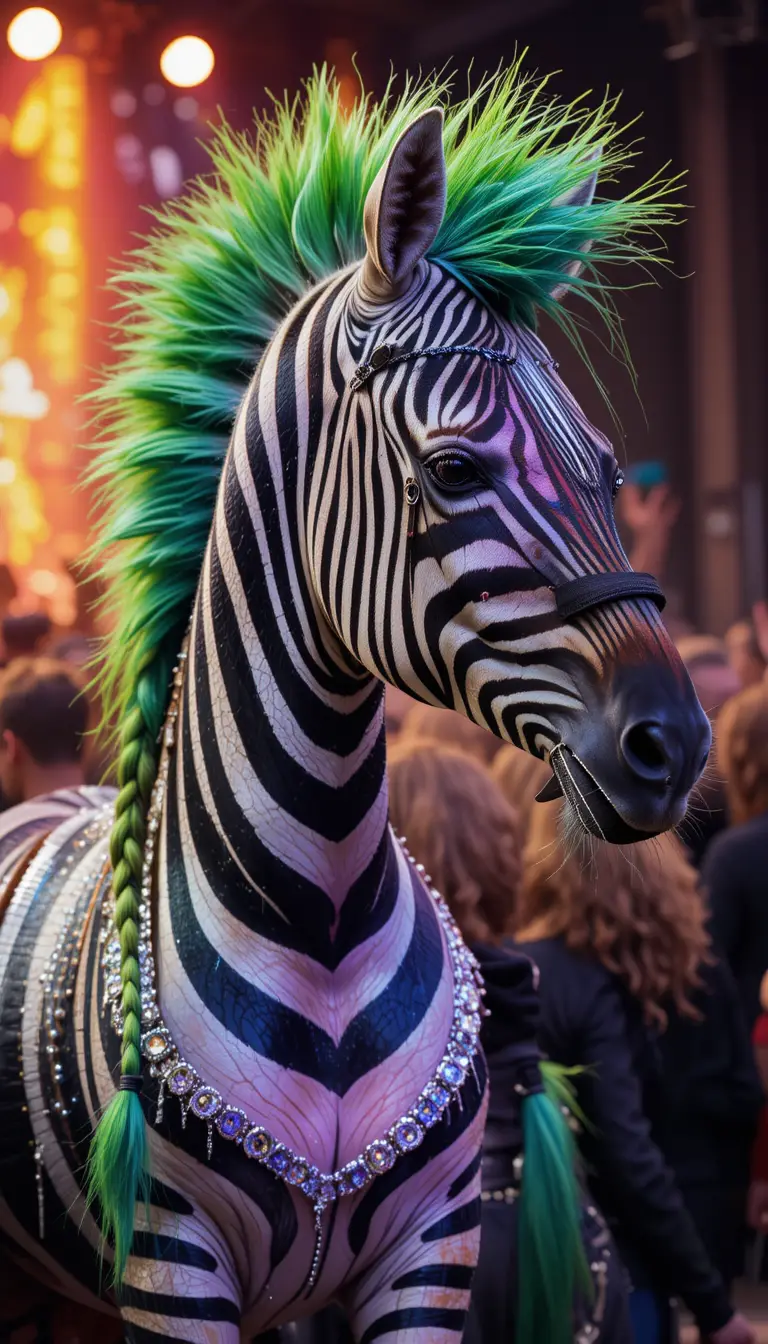 Bunte Punk-Zebra mit Irokesen auf einem Rockkonzert