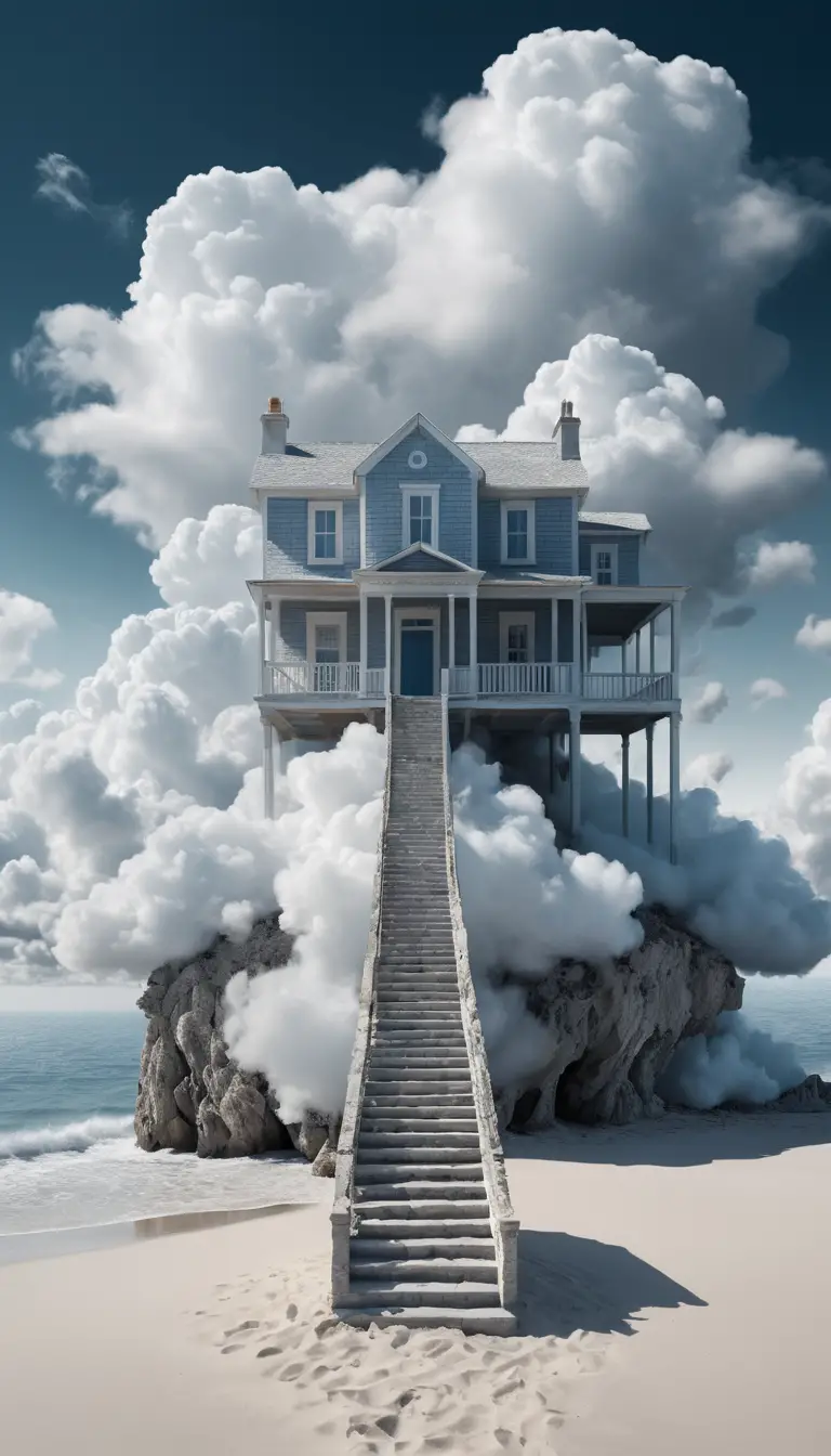 通往靜謐海灘的超現實雲端房屋樓梯