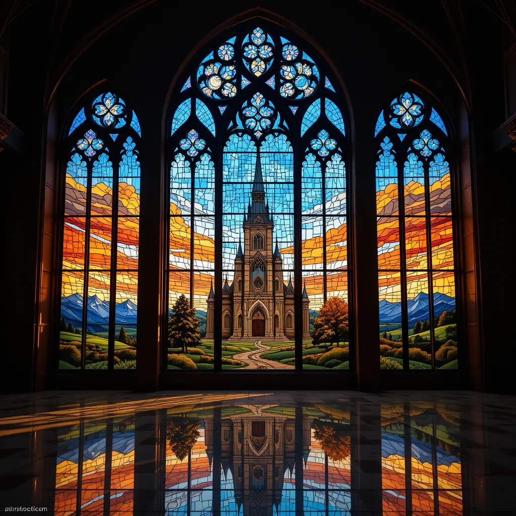 Vitrail d’église avec reflet lumineux du ciel