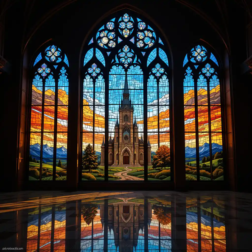 Vitrail d’église avec reflet lumineux du ciel