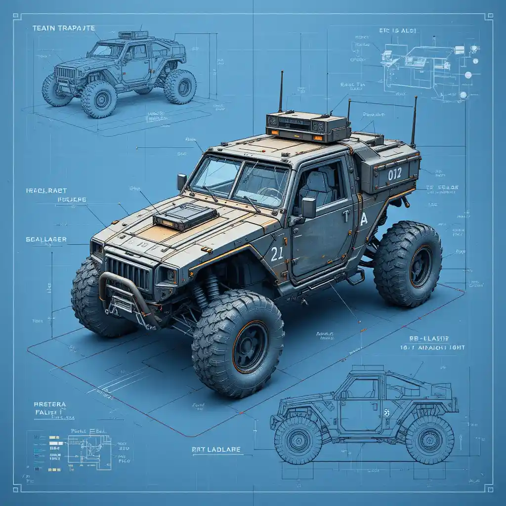 Plan Technique Futuriste de Buggy Militaire Tout-Terrain