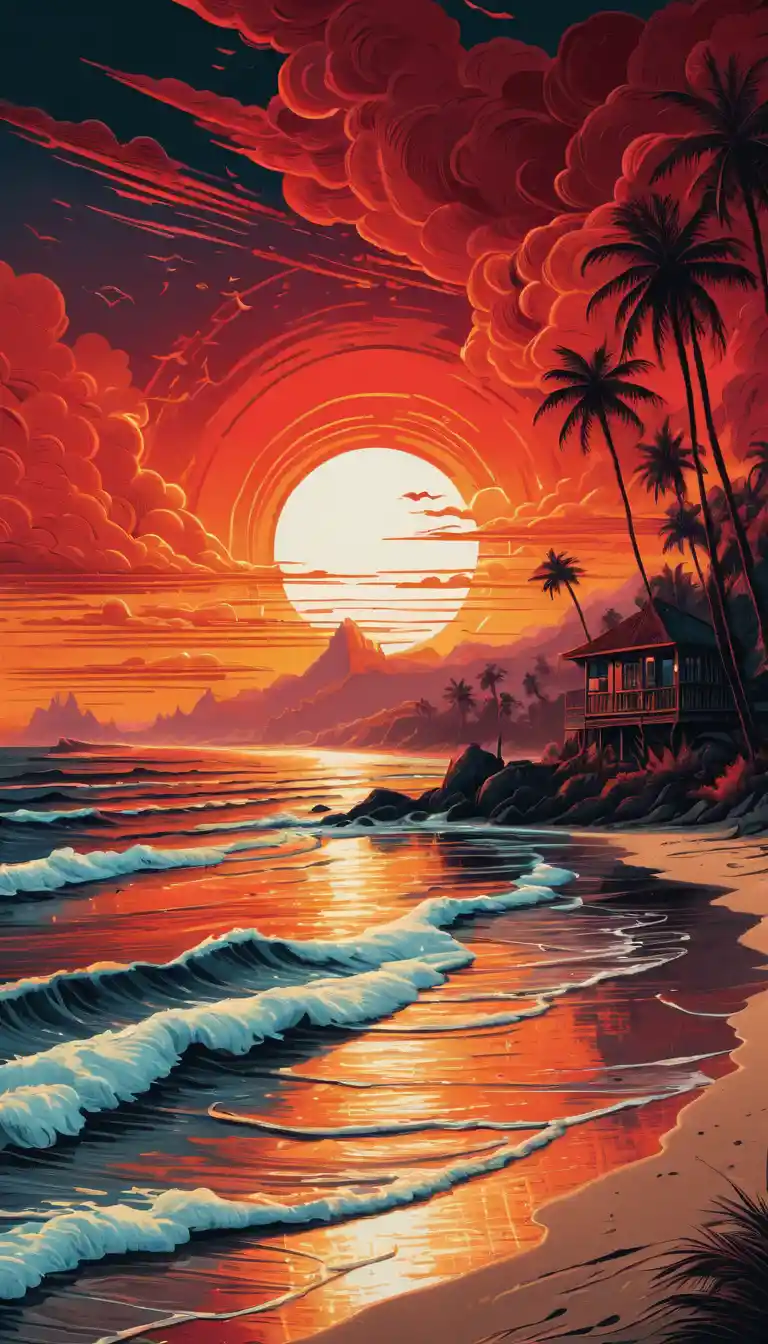 Coucher de soleil fantasy sur la plage aux couleurs fusion cramoisies éclatantes