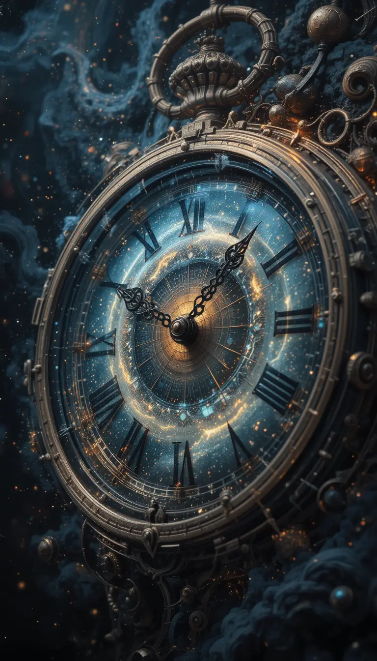 Doppelbelichtung einer antiken Uhr, verschmolzen mit kosmischen Galaxien