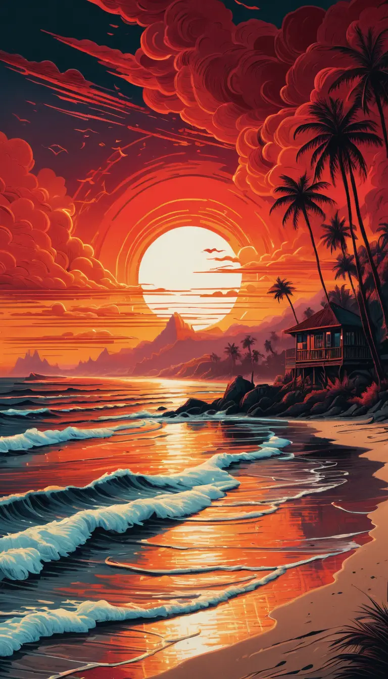 Fantasievoller Strand-Sonnenuntergang mit leuchtend karminroten Fusionsfarben