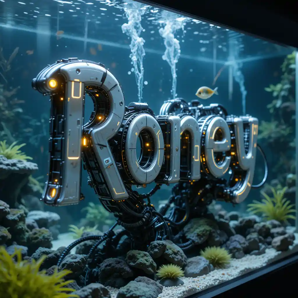 미래적인 로봇 스타일 3D 텍스트 roney의 수족관 장면